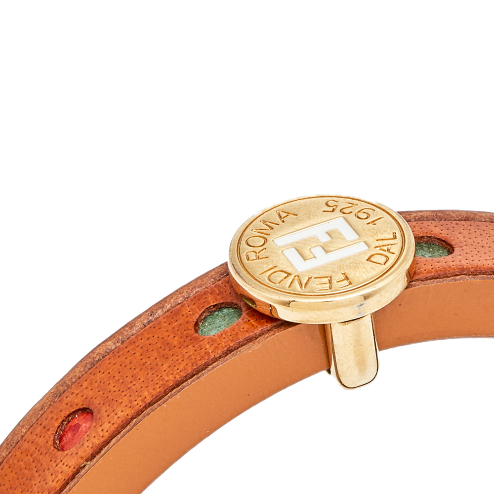 FENDI Wood Leather Multi Color Gold Tone Metal Bangle Bracelet - Picture 3 of 8